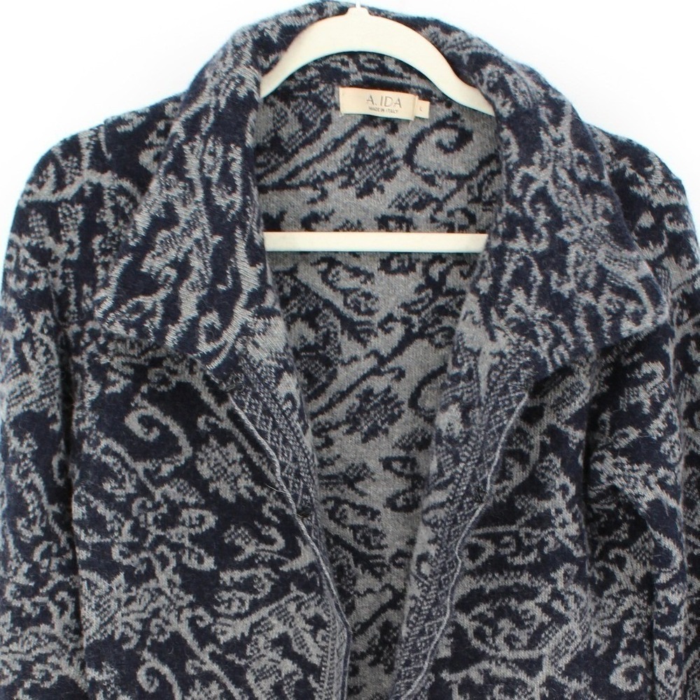 A. Ida $228 Large Wool Blend Navy Gray Filigree Swirl Open Front‎ Tunic Cardigan
